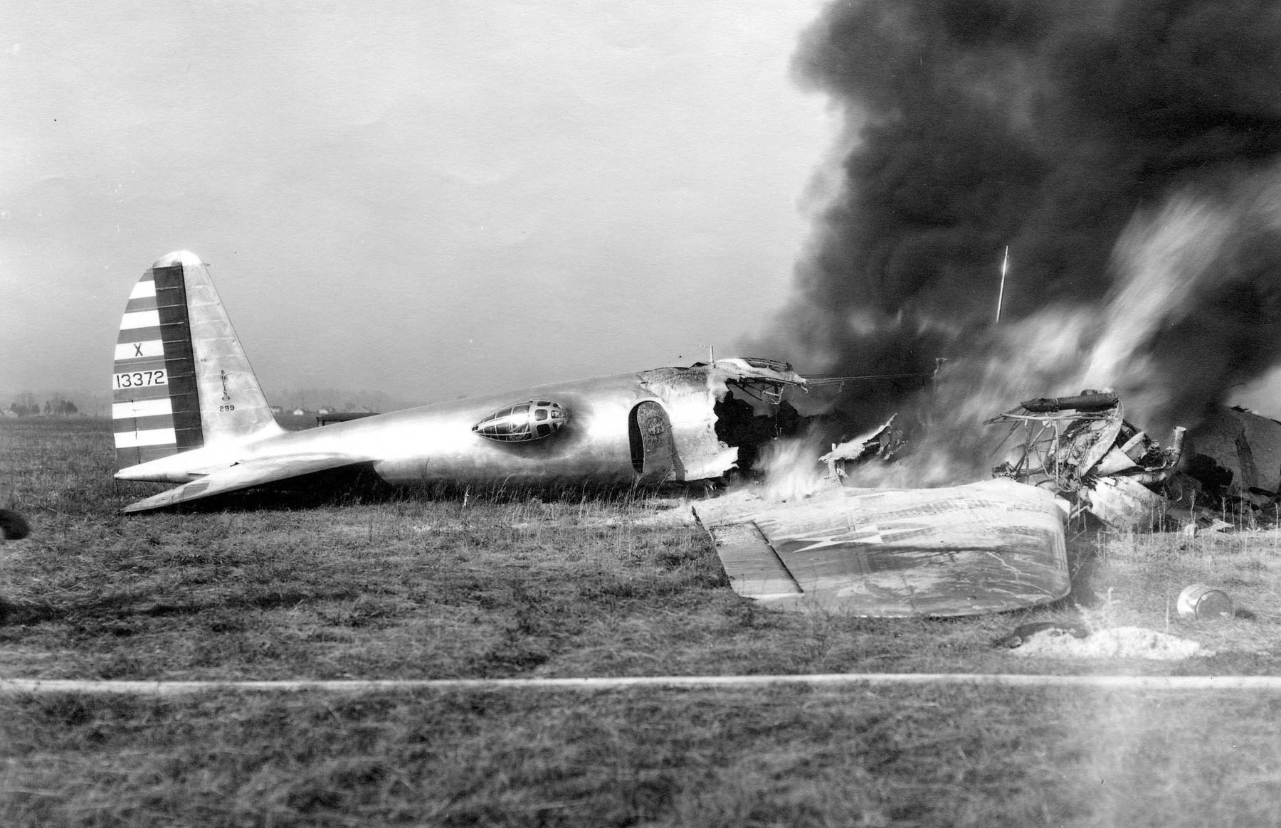 Photo of wreckage of crash of B-17 Model 299 first flight 1935